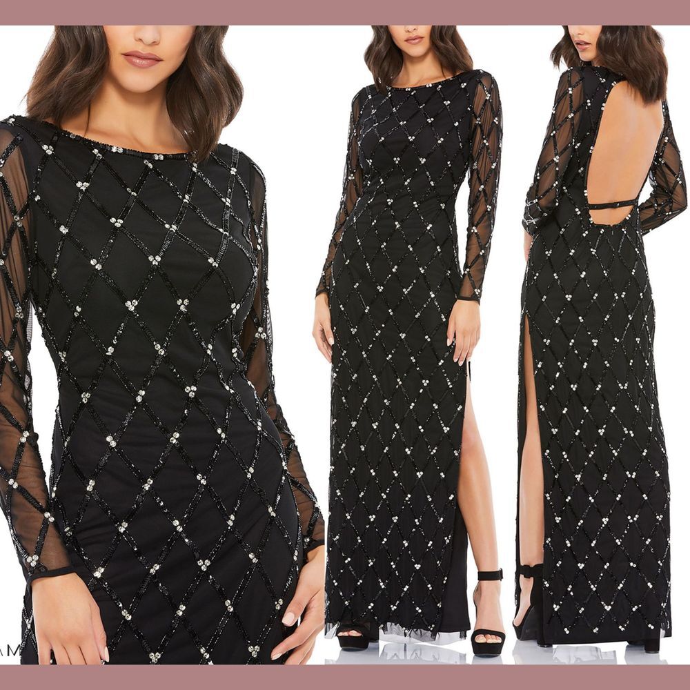 NEW Mac Duggal [ 6 ] 9109 Sequin Lattice Open Back Long Sleeve Sheath Gown BLACK